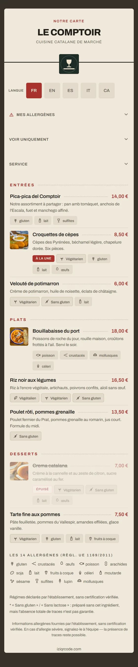 Le Comptoir’s menu, published online