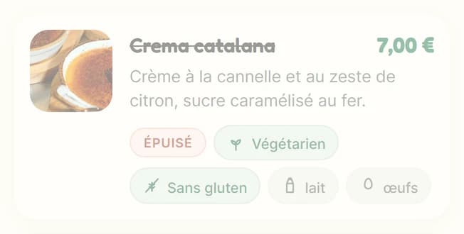 A dish marked sold out, struck through on the menu — Pop template